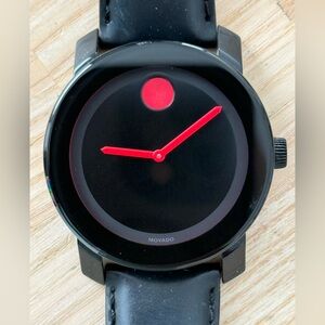 Movado Bold Luxury Watch in Original Boxes Black Dial Red Markers Leather Strap